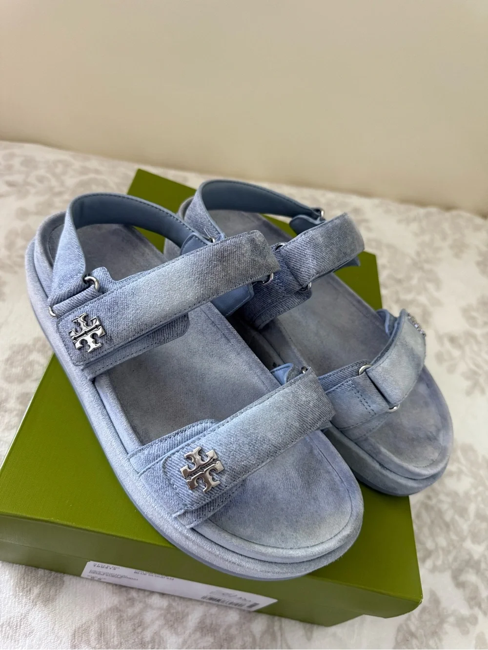 Tory Burch Kira Sport Sandals Denim Suede Blue Cloud Platform